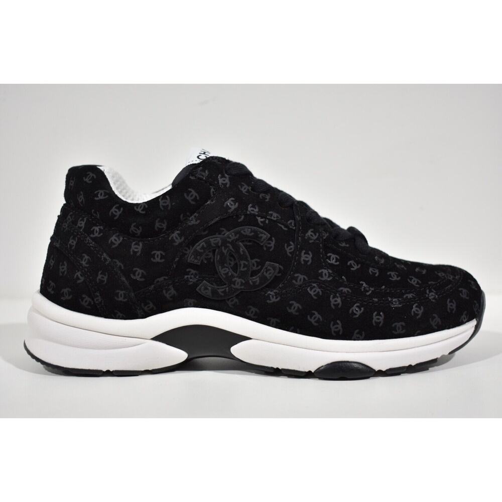 Chanel 22A Black Suede Printed CC Logo White Flat Runner Trainer Sneaker 40